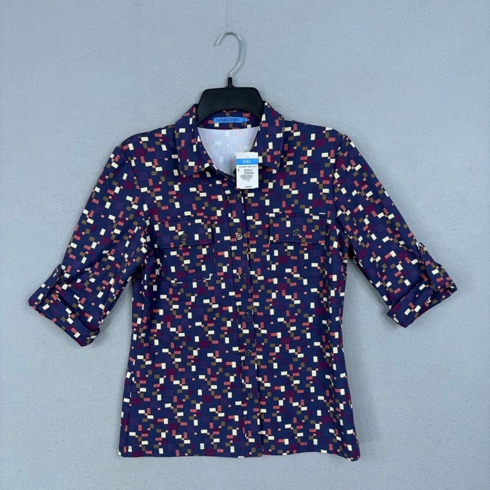 J.McLaughlin Shirt Womens Small Blue Geometric Monroe Knit Preppy Career NWT